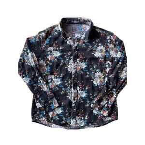 Luc Matton Mens L Black Floral Linen Blend Button Up Cottagecore Shirt